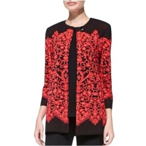 MISOOK Lace Print Long Jacket Cardigan Sweater Red‎ Black Size S Button Work